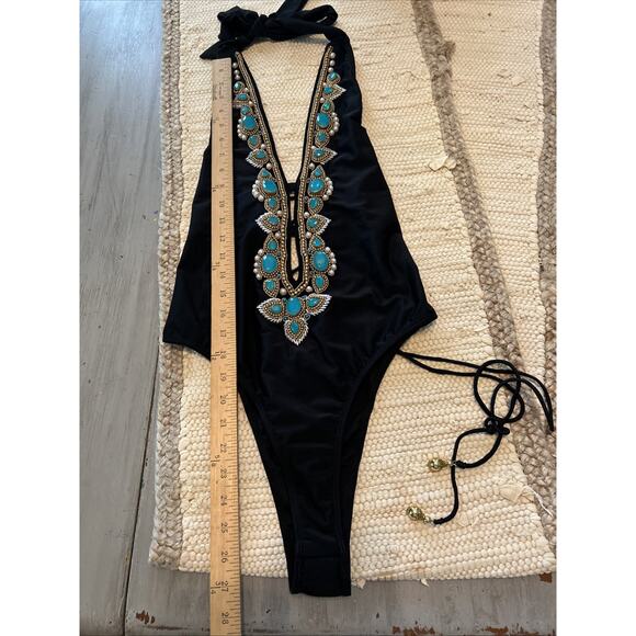 Asa Kaftans Black Turquoise Color Gems Gold Beaded Halter Swim Suit Size XL - Picture 5 of 10